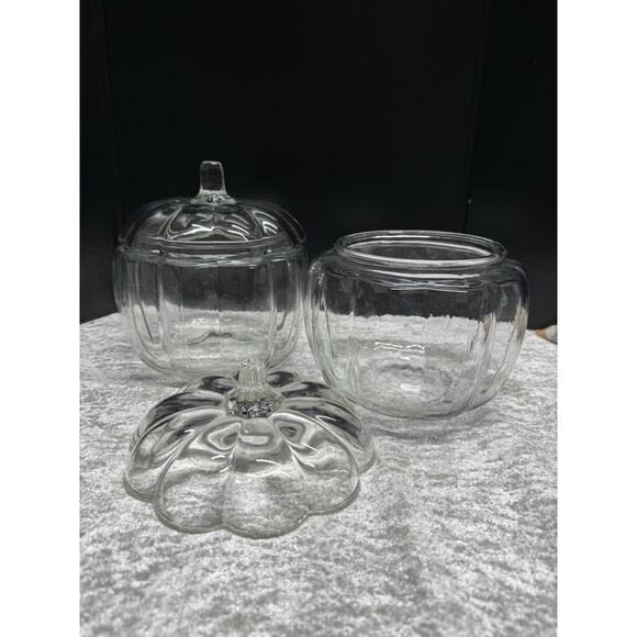 2 Vntg Anchor Hocking Clear Fall Glass Pumpkin Cookie Jars Candy Dish Canisters - Picture 3 of 10